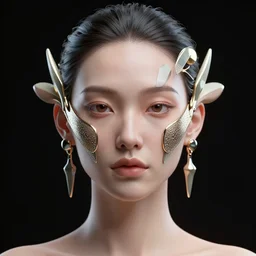 hyper detailed symmetrical head and shoulders 8 k octane render of a woman wearing futuristic abstract facial jewellery. black background.
