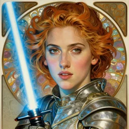 head and shoulders portrait of a female knight gazing into camera, jedi, young scarlett johansson, star wars, blue lightsaber, by alphonse mucha, face detail, extremely detailed, art nouveau painting