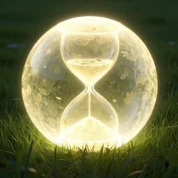 a 8k concept illustration of a large glowing ball, superimposed over an 8k field of grass. The surface of the sphere glows softly in the shape of an hourglass, and has a filigree texture that gives the impression of swirling leaves or butterflies.