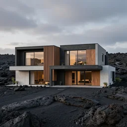 modern house surrounded by lava , hyper realistic, photo real, HD