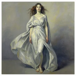 a full body portrait of a woman by justin ridler wearing a billowing dress, face in the style of irakli nadar
