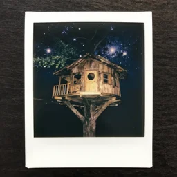 vintage polaroid of cosmic horror in a tree house