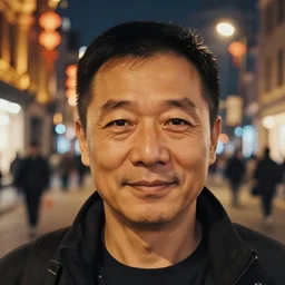 closeup portrait of a middle - aged man, slight smile, street at night, chinese new year in shanghai, art by rebecca guay and greg rutkowski