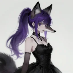 a goth woman with black fox ears, and a fox snout, she has purple hair tied up in to a ponytail, and is wearing a black dress. shaded artwork, furry art, fur - affinity, deviant art