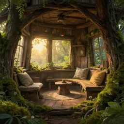 tree house interior sunrise leaves moss cosy warm, deep focus, intricate, highly detailed, digital painting, artstation, concept art, matte, sharp focus, illustration, art by artgerm and greg rutkowski