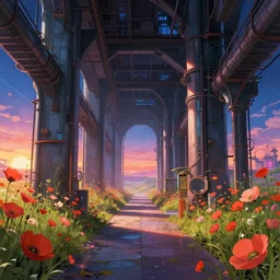 a beautiful photorealistic anime illustration of hallway industrial architecture by antoine predock, flowers futuristic matte painting extraterrestial fantasy synthwave nightsky studio ghibli sunset reclaimed by nature poppy nature, archdaily, wallpaper, highly detailed, trending on artstation.