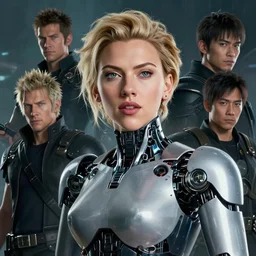 a fancy portrait of Scarlett Johansson as an attractive robot by Greg Rutkowski, Sung Choi, Mitchell Mohrhauser, Maciej Kuciara, Johnson Ting, Maxim Verehin, Peter Konig, final fantasy , mythical, 8k photorealistic, cinematic lighting, HD, high details, atmospheric,
