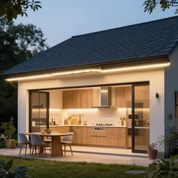 kitchen roof lantern led strip lighting, realistic, wide shot, octane render, house and home, home and garden, hyper realistic, high quality, highly detailed, hd, beautiful, cinematic, 8 k, unreal engine,