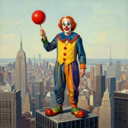 Portrait John Goodman wearing a clown costume whilst brandishing a red orb standing atop a skyscraper andrew wyeth niel welliver peter doig greg rutkowski giorgio de chirico mark ryden jamie wyeth victo ngai