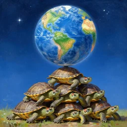 a stack of turtles beneath a globe of the earth, earth globe on top, stars in the background, realistic digital painting