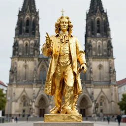 a golden statue of bach standing infront of a german cathedral.