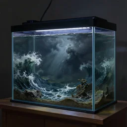 an aquarium on a table, containing a dark stormy sea inside the aquarium, large dark waves, miniature, dramatic, fantasy concept art, digital painting, oil painting, hyperrealistic, highly detailed, by greg rutkowski