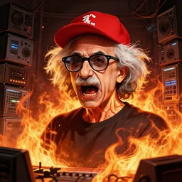 character art by ruan jia, angry albert einstein screaming with his jugular veins out of his neck wearing wayfarer glasses and red baseball hat at a music concert, on fire, fire powers, room filled with computer equipment
