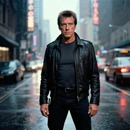 Tom Selleck in Blade Runner, standing on a rainy street in a Blade Runner Style city
