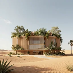 architectural rendering of building in the desert, biophilia, naturalism, modern style