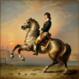 a 1 8 th century painting of napoleon riding a horse with sunset in venice