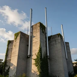 concrete architecture with many metal antennas with moss and ivy growing all over the concrete, futuristic, late afternoon light, wispy clouds in a blue sky, by frank lloyd wright and greg rutkowski and ruan jia