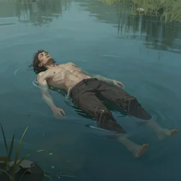 A dead body floating in a lake, artwork by Sergey Kolesov, artstation, concept art, digital art
