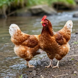 a chicken next to a stream