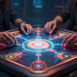 closeup view of two ais playing multidimensional intellectual logic games in a glowing cypherpunk thunderdome, trending on artstation, cinematic composition, beautiful lighting, hyper detailed, 8 k