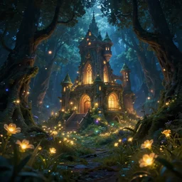a beautiful fairy City in an ancient forrest, glowing flowers and gnarly trees, at night, dynamic lighting, volumetric, bokeh, cinematic, establishing shot, extremly high detail, photo realistic, cinematic lighting, post processed, concept art, artstation, matte painting, style by eddie mendoza, raphael lacoste, alex ross