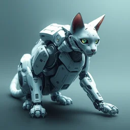 a white cast futuristic biomechanical robotic cat on 4 paws, futuristic digital painting, cyberpunk, 8 k,