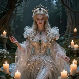 epic ultra detailed realistic portrait of beautiful queen made ofcandles and translucent fabric. in the garden. dark souls concept art. magic, concept art, sharp foccus. intricate, elegant. by basil gogos. art by wlop and artgerm and greg rutkowski and andrei riabovitchev. medieval background my james jeand