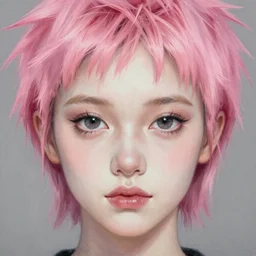face portrait of a young woman with a pale heart - shaped face and dark twinkling eyes and short pink spiky hair, highly detailed, painting