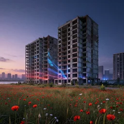 a beautiful detailed rendering of architecture unfinished building abandoned urbex dormitory by albert bierstadt, tokyo nature laser at dawn darkacademia universe futuristic poppy at dusk gem at night meadow at winter sea lake scumm bar neon noir magic realism reclaimed by nature liberty city, archdaily, wallpaper, highly detailed, trending on artstation.