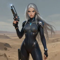 pleiadian woman with big eyes and long silver hair wearing a dark body suit and holding a plasma gun as a realistic sci fi character, portrait art by donato giancola and greg rutkowski, digital art, trending on artstation, standing in a barren field
