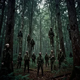 wide shot, a squad of dead American Soldiers hung on trees, deep in the thick forest, painting, colored, eerie, Lovecraftian, eldritch horror, 1969