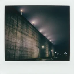 a towering concrete wall thay reaches into the sky with small street lamps in front of it, foggy, night, dark, old polaroid, expired film, megalophobia,