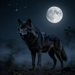 black wolf,, night, sky full of stars and a full moon, dramatic black smoke everywhere, high detail, photorealistic, movie still, in the style of ben jeffery