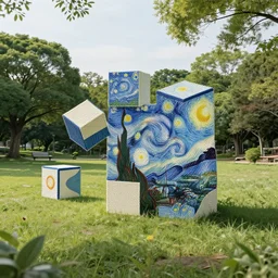 a beautiful quiet park in fukuoka, fractal cubes. japanese embroidery. retro minimalist art by jean giraud and van gogh.