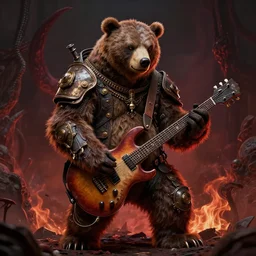 steampunk anthromorphic grizzli bear playing an electronic guitar in hell, digital art, matte painting, 4 k, ultra detailed