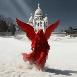 one lone singular swirling otherworldly angel shrouded in red robes emerges from extensive barren white dunescape, matte painting by peter mohrbacher and filip hodas, background basilica sacre coeur, godrays, high contrast, highly detailed, a