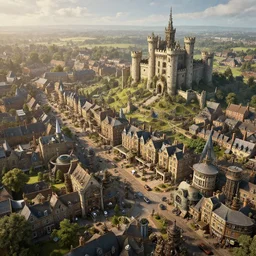 aerial view of victorian roman england steampunk town, hyper realistic, futuristic buildings, steampunk, castle, land of tomorrow!!!