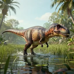 A spinosaurus walking through a swamp, environment concept, digital art, unreal engine, 4k UHD image, octane render