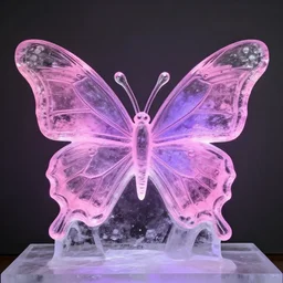 butterfly ice sculpture, pink, purple, glow