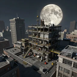 an intricate, detailed matte painting of a rooftop in the city that has many aerials and structures on top with a huge, realistic moon in the background, dramatic lighting, 4k, trending on artstation, by Greg Rutkowski