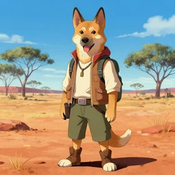 stylized 3 / 4 portrait concept art of the anthro anthropomorphic dingo dog head animal person fursona wearing clothes adventurer standing in australia outback, hidari, color page, tankoban, 4 k, tone mapping, akihiko yoshida