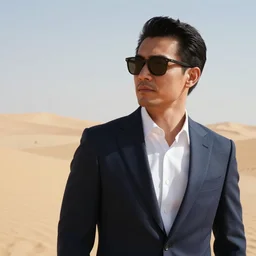 “ a cool man with sunglasses in a suit, background desert”