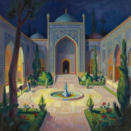 lovecraftian persian palace garden. this gouache painting by tove jansson has dramatic lighting, an interesting color scheme and great sense of depth.