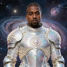 ( hyper realistic proportional stylization portrait of kanye west as a techpunkk war of cleric in a futuristic pearl armor full of astral runes, the background is decorated with the universe ) by noah bradley, photorealistic, dynamic lighting, very detailed faces, trending on artstation, wallpaper, dream, 4 k, award winning, lovely pastel colors, ethereal, elegant