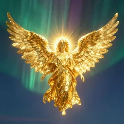 gigantic radiant shining golden angels glowing strongly into intense vivid aurora above space needle centered big sky film long exposure fuji wide angle national geographic