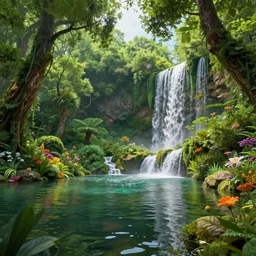 low angle view of a pond, lush trees, flowers and waterfalls, by james gurney, concept art, intricate, hyper detailed, volumetric lighting, sharp focus, octane render, trending on artstation, 8 k