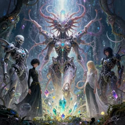 vaporwave ombre, sinister lovecraftian neural diaphanous skullpunk spirits in the enchanted intergalactic mecha garden, man - machine chimeric beholder polyphemous, power crystals trigger powerful psychotropic frequencies. by artgerm, wlop, james jean, andrei riabovitchev, marc simonetti, yoshitaka amano, artstation, cgsociety