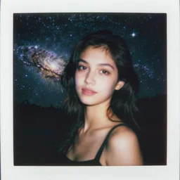 blured girl on night vision, focused background galaxy, polaroid photo
