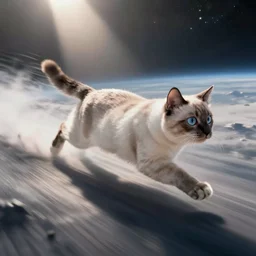 photo of hyperspeed flying through space, siamese snowshoe cat running fast with motion blur