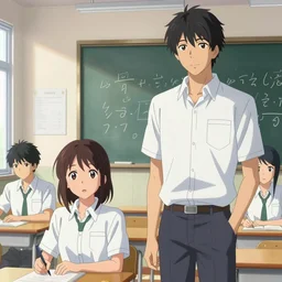 high school classroom scene spring setting, expert high detail concept art, perfect proportions fine face, tall handsome guys, vivid colors, sharp focus, high contrast, realistic shaded lighting poster kazue kato, ruan jia, makoto shinkai, loish and clamp style, trending on art station, best selling artist